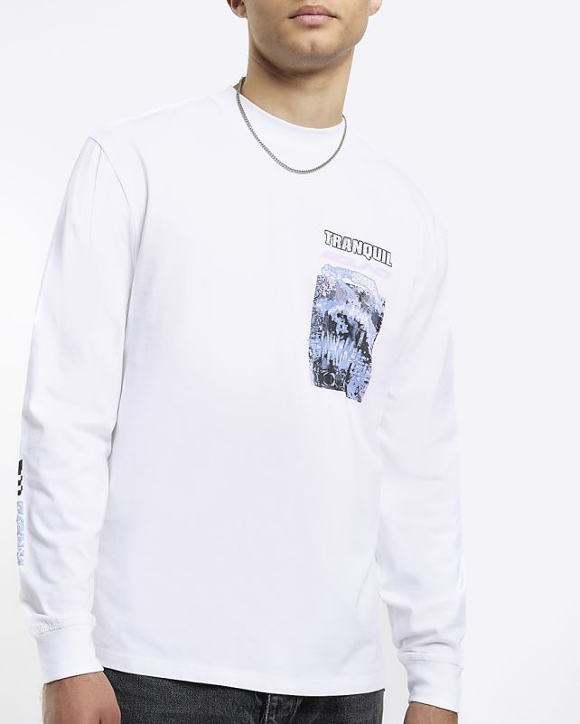 kehakate valge mehed River Island Tavalise istmega graafiline pikkade varrukatega T-särk 44TLL5655