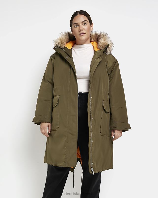 kehakate khaki naised River Island pluss kunstkarusnahast kapuutsiga parkmantel 44TLL5169