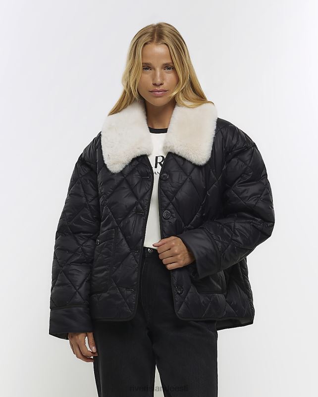 kehakate must naised River Island kunstkarusnahast kraega polsterdatud jope 44TLL1025