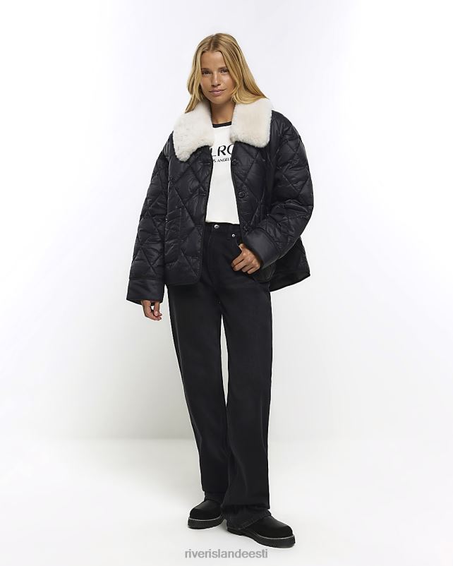 kehakate must naised River Island kunstkarusnahast kraega polsterdatud jope 44TLL1025