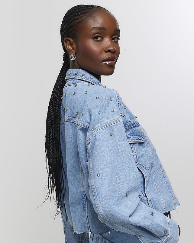 kehakate sinine naised River Island kaunistatud crop teksajakk 44TLL4041