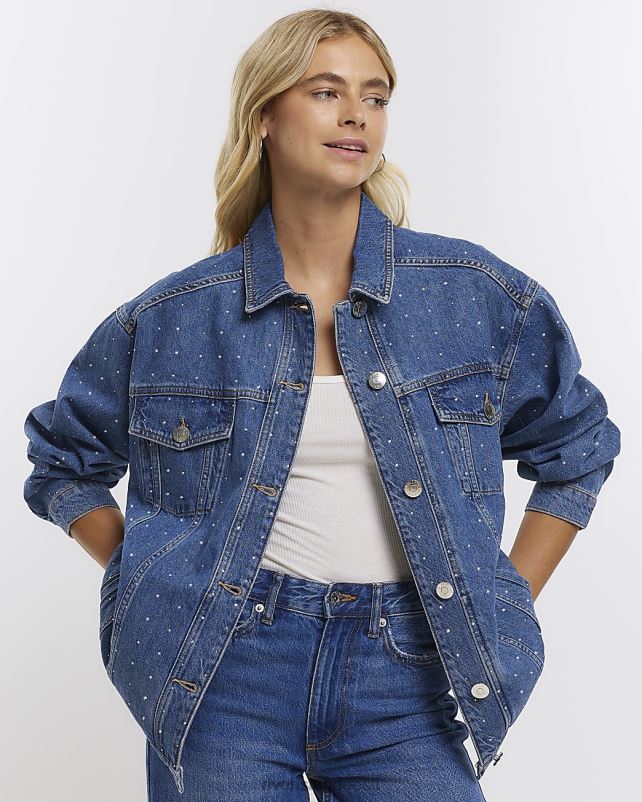 kehakate sinine naised River Island ülisuur kaunistatud teksajakk 44TLL1217