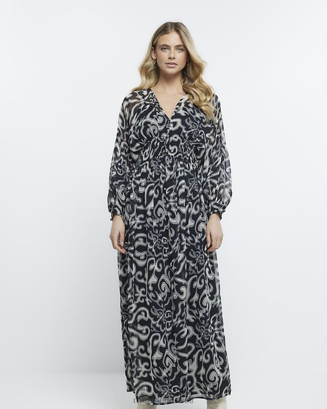 kehakate must naised River Island prindiga pikkade varrukatega maksikleit 44TLL2197