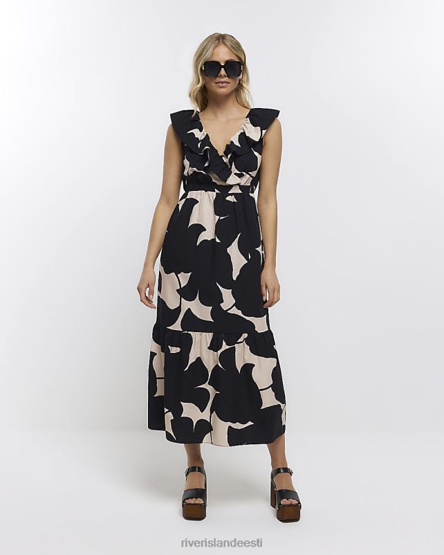 kehakate must naised River Island print V-kaelusega voldikkleit 44TLL1401