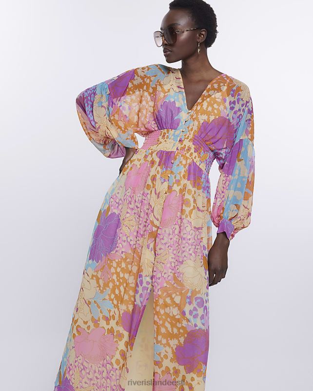 kehakate oranž naised River Island prindiga pikkade varrukatega maksikleit 44TLL2198