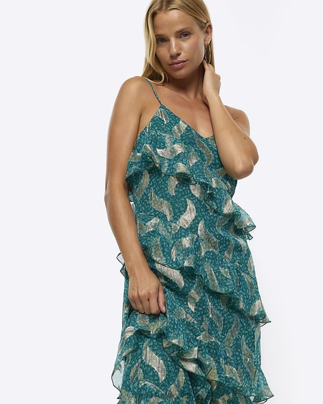 kehakate roheline naised River Island loomamustriga volangist maksikleit 44TLL4273