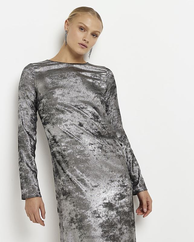 kehakate hõbedane naised River Island satiinist pikkade varrukatega slip midi kleit 44TLL2015