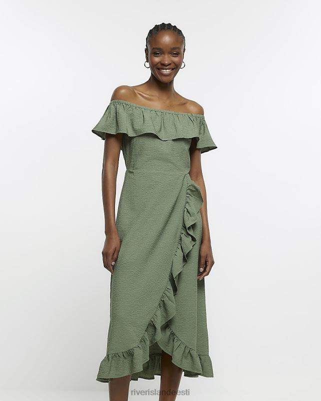 kehakate khaki naised River Island Bardot frrill midi kleit 44TLL1734