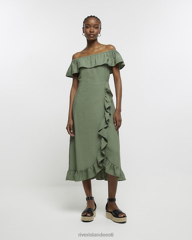 kehakate khaki naised River Island Bardot frrill midi kleit 44TLL1734
