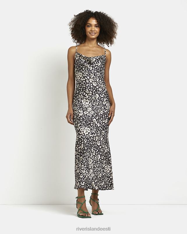 kehakate khaki naised River Island leopardimustriline satiinist midikleit 44TLL1833