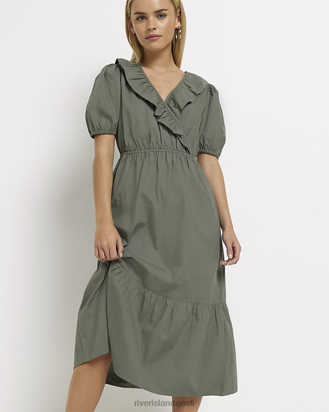 kehakate khaki naised River Island väike puff varrukatega midikleit 44TLL5324