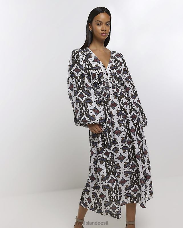 kehakate kreem naised River Island paisley puff varrukatega swing midi kleit 44TLL4229
