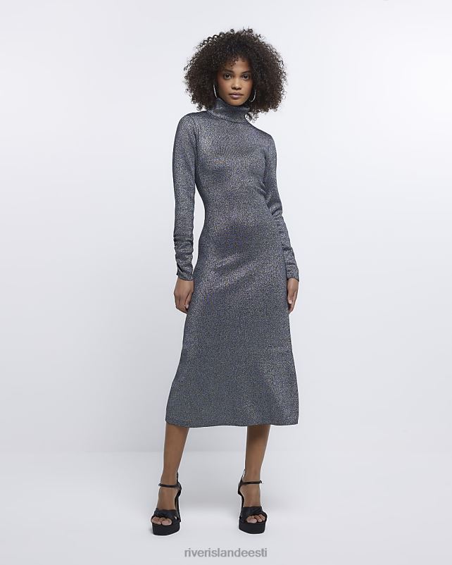 kehakate must naised River Island metallik kootud pikkade varrukatega midikleit 44TLL4000