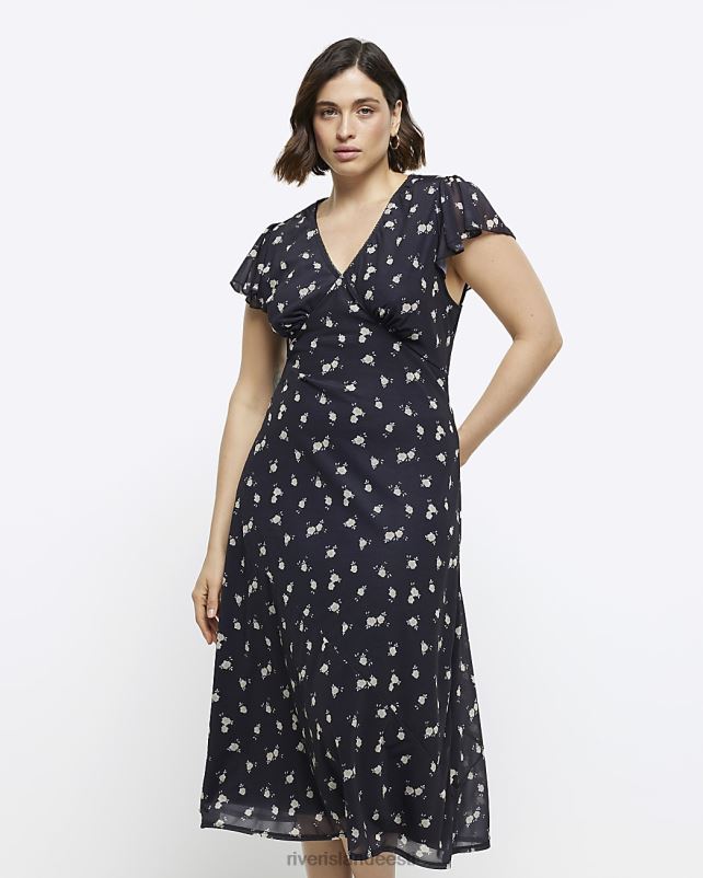 kehakate must naised River Island pluss print frill tee midi kleit 44TLL5170