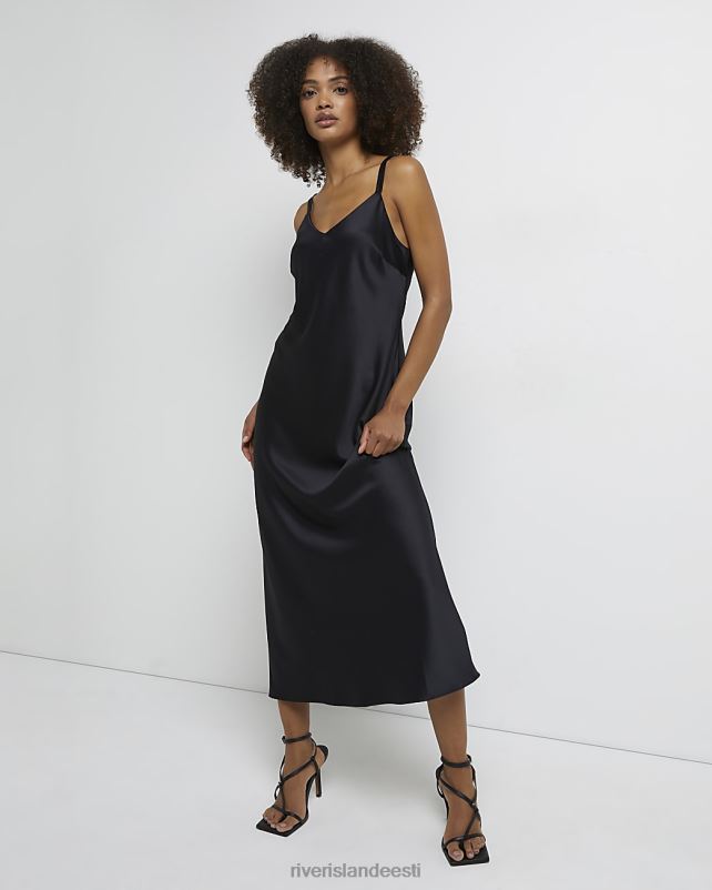 kehakate must naised River Island satiinist slip midi kleit 44TLL1779