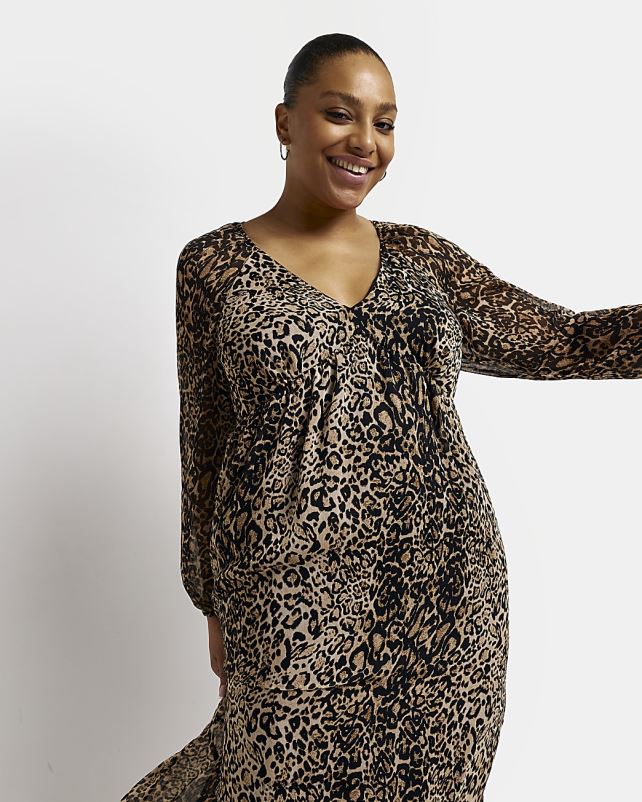 kehakate pruun naised River Island pluss loomamustriga smock midi kleit 44TLL2254