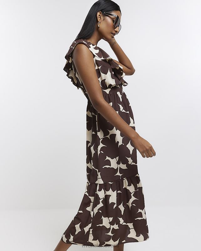 kehakate pruun naised River Island prinditud volangiga midikleit 44TLL1403