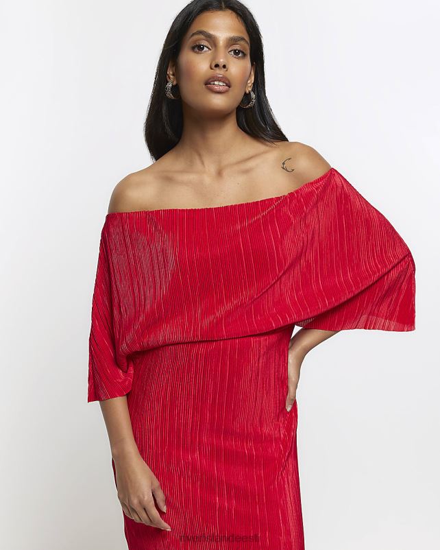 kehakate punane naised River Island bardot drape plisse midi kleit 44TLL808