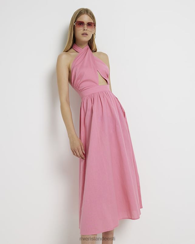 kehakate roosa naised River Island linase päitsetega kaelusega midikleit 44TLL2142