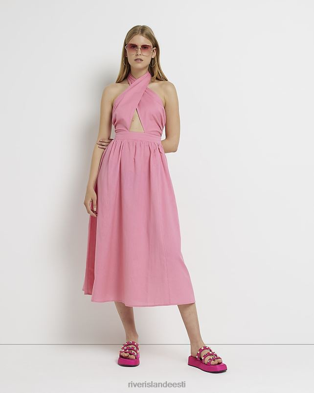 kehakate roosa naised River Island linase päitsetega kaelusega midikleit 44TLL2142