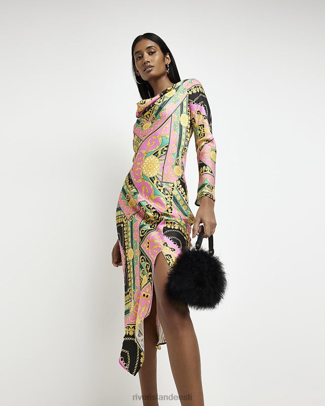 kehakate roosa naised River Island prindiga pikkade varrukatega bodycon midikleit 44TLL1980