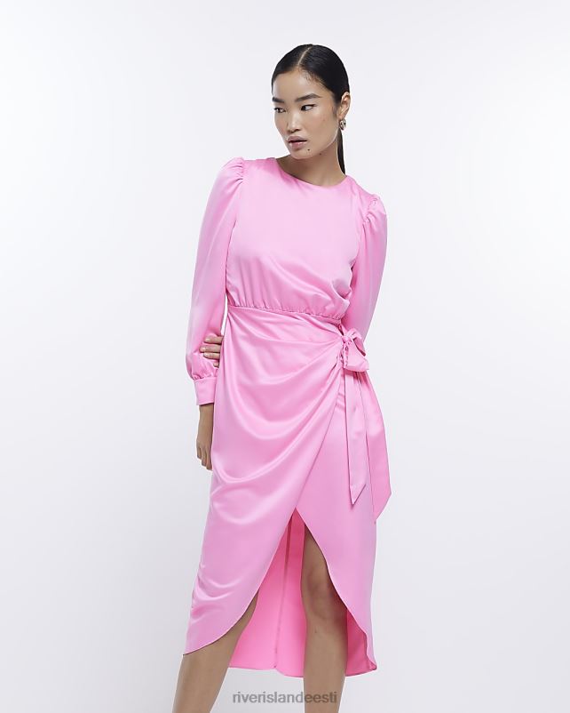 kehakate roosa naised River Island satiinist pikkade varrukatega midikleit 44TLL4936