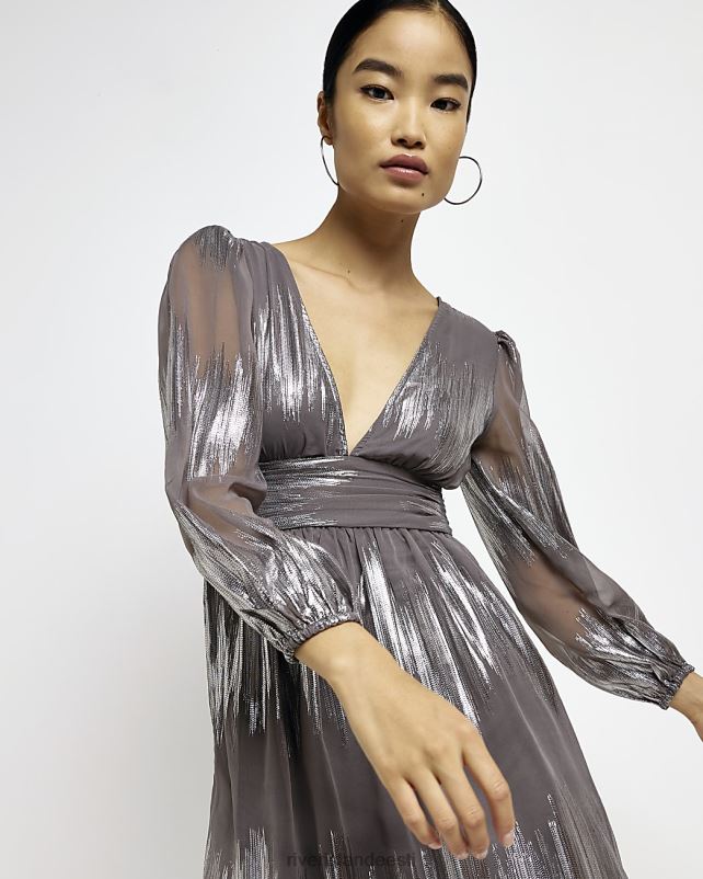 kehakate hõbedane naised River Island metallist pikkade varrukatega swing minikleit 44TLL4950