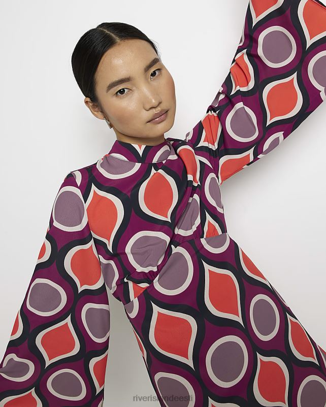 kehakate oranž naised River Island trükitud flöödivarrukatega minikleit 44TLL1468