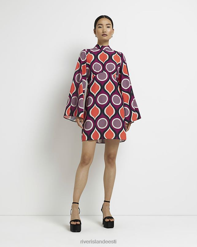 kehakate oranž naised River Island trükitud flöödivarrukatega minikleit 44TLL1468