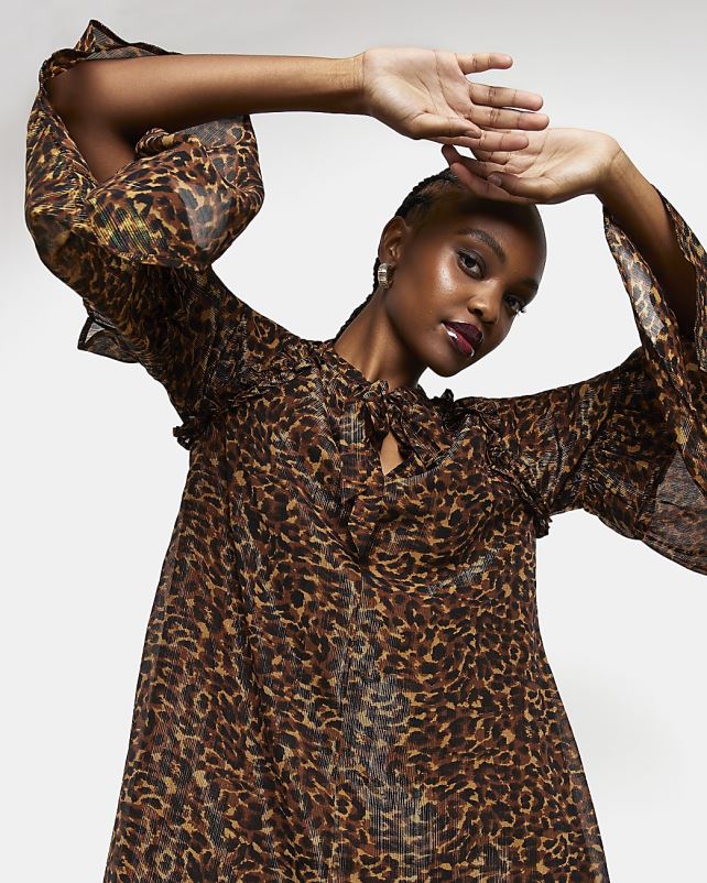 kehakate pruun naised River Island loomamustriga smock minikleit 44TLL1753