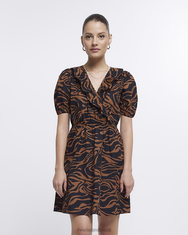 kehakate pruun naised River Island loomamustriga volangidega minikleit 44TLL1722