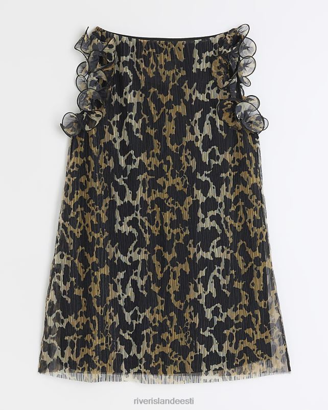 kehakate pruun naised River Island loomamustriga volangidega plisse minikleit 44TLL4223