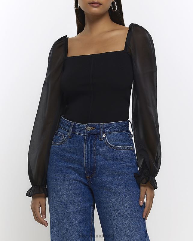 kehakate must naised River Island organza varrukatega pluus 44TLL732