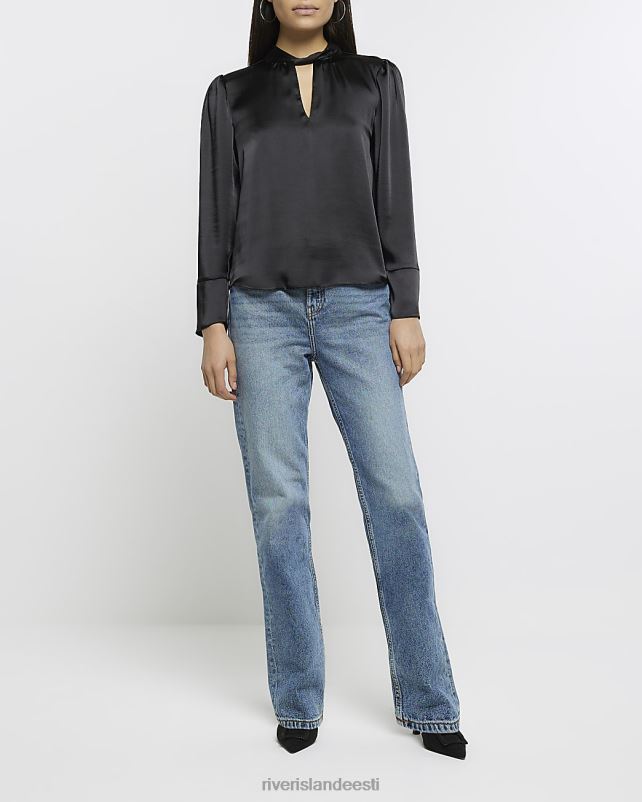 kehakate must naised River Island satiinist keermekaelusega pluus 44TLL4056