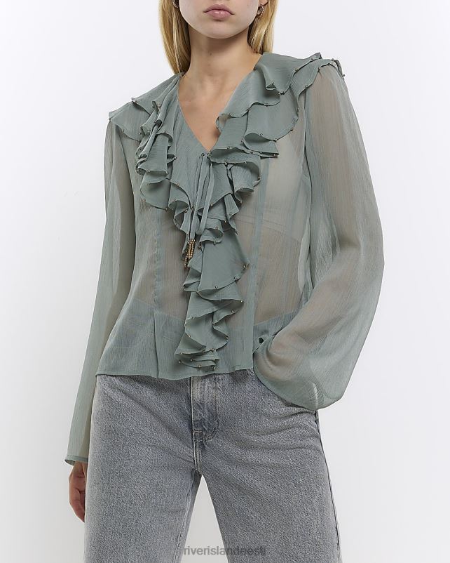 kehakate roheline naised River Island volangidega pikkade varrukatega pluus 44TLL1026