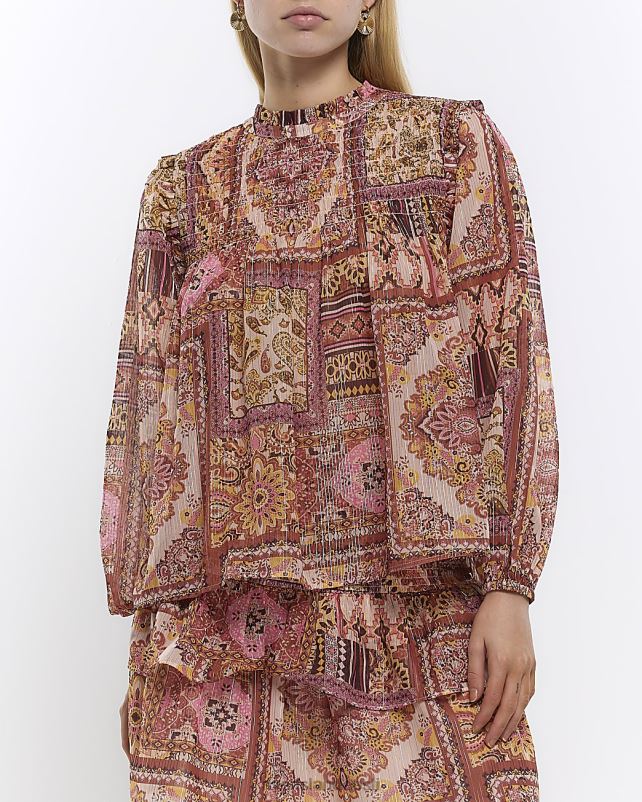 kehakate roosa naised River Island paisley shirred pluus 44TLL1004