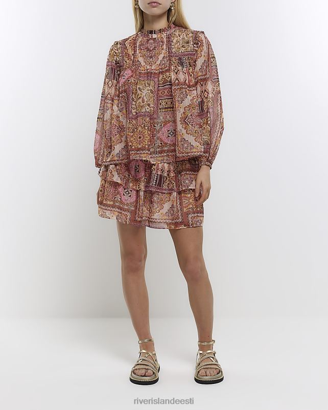 kehakate roosa naised River Island paisley shirred pluus 44TLL1004