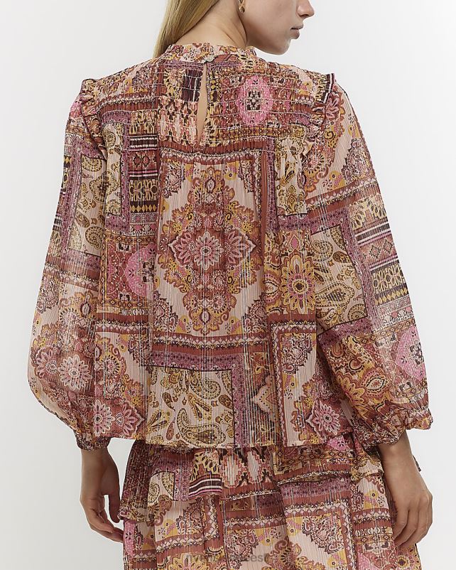 kehakate roosa naised River Island paisley shirred pluus 44TLL1004
