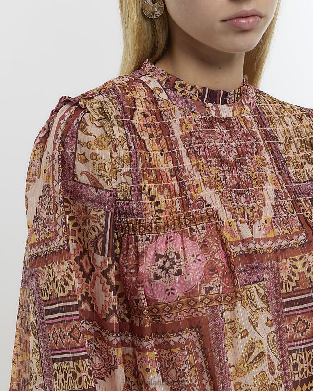 kehakate roosa naised River Island paisley shirred pluus 44TLL1004