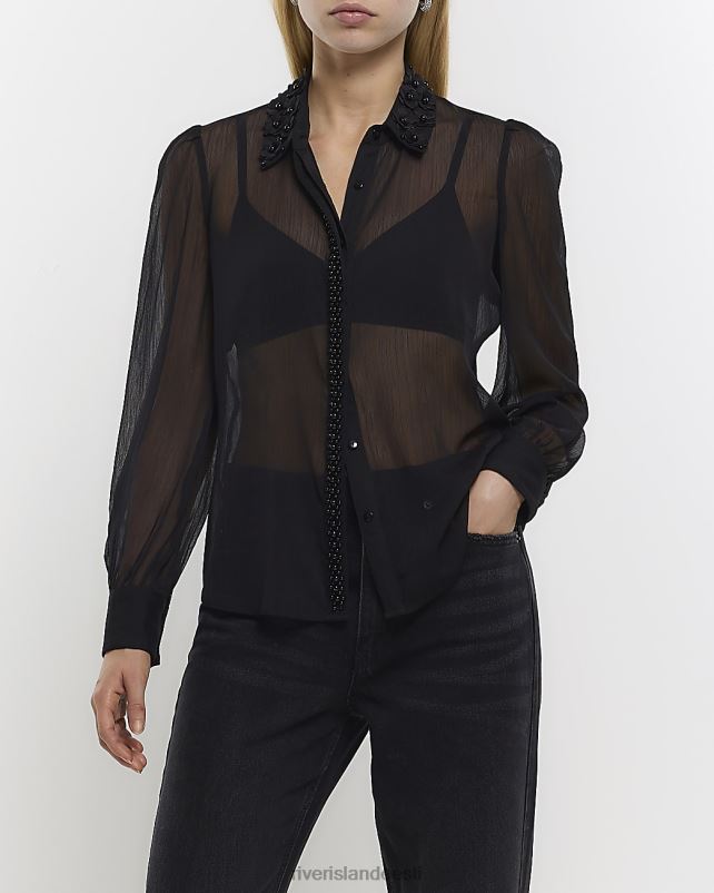 kehakate must naised River Island šifooniga kaunistatud särk 44TLL1137