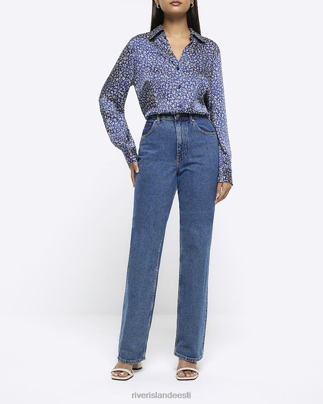 kehakate sinine naised River Island lilleline satiinist pikkade varrukatega särk 44TLL151