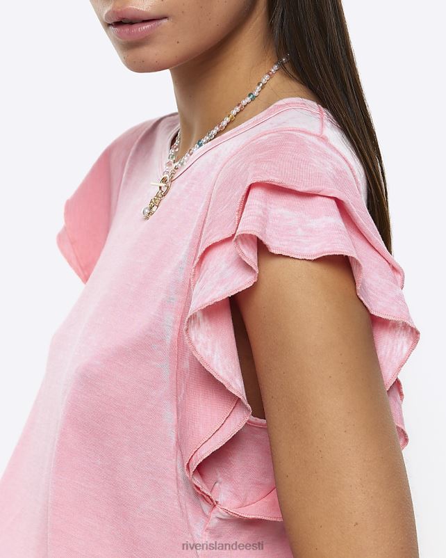 kehakate roosa naised River Island volangidega varrukatega t-särk 44TLL1382