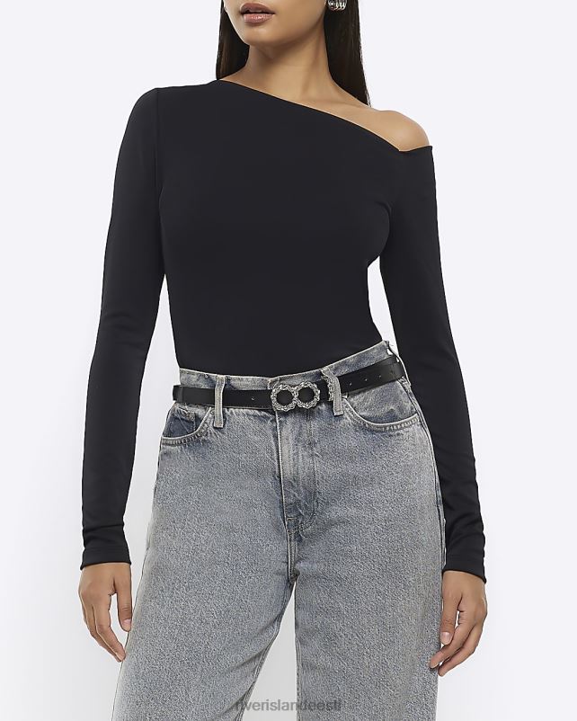 kehakate must naised River Island õlgadeta pikkade varrukatega topp 44TLL126