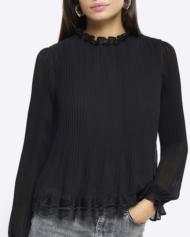 kehakate must naised River Island pitsiga kaetud pikkade varrukatega topp 44TLL727