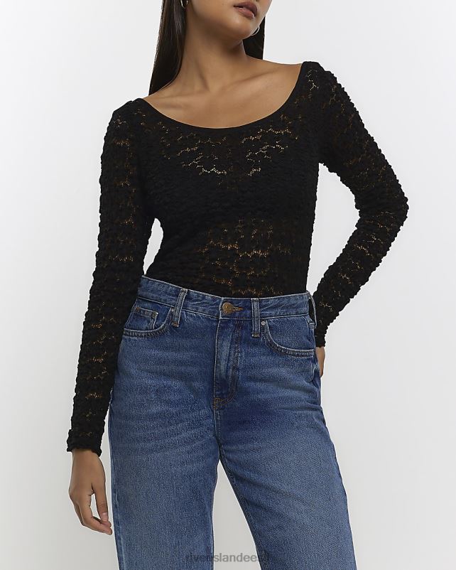 kehakate must naised River Island pitsist pikkade varrukatega topp 44TLL752