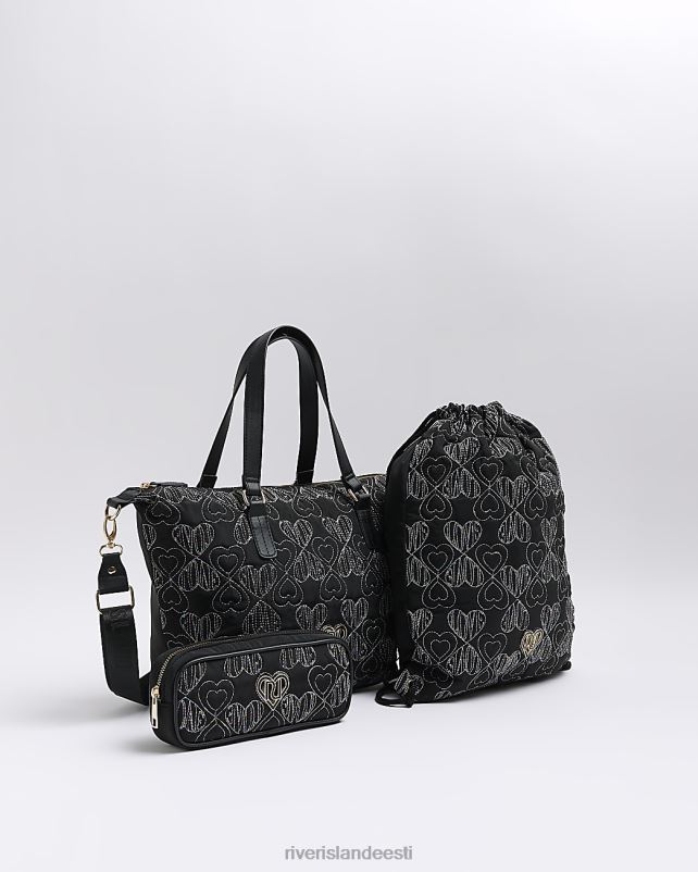 tarvikud must tüdrukud River Island g nailonist südamega tepitud kott 3 pakk 44TLL6223